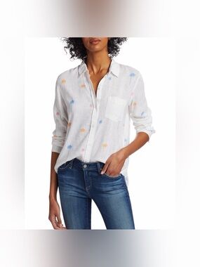 Rails Charli Neon Palms Linen Blend Button-Up Shirt Top Size XS Low Sleeve